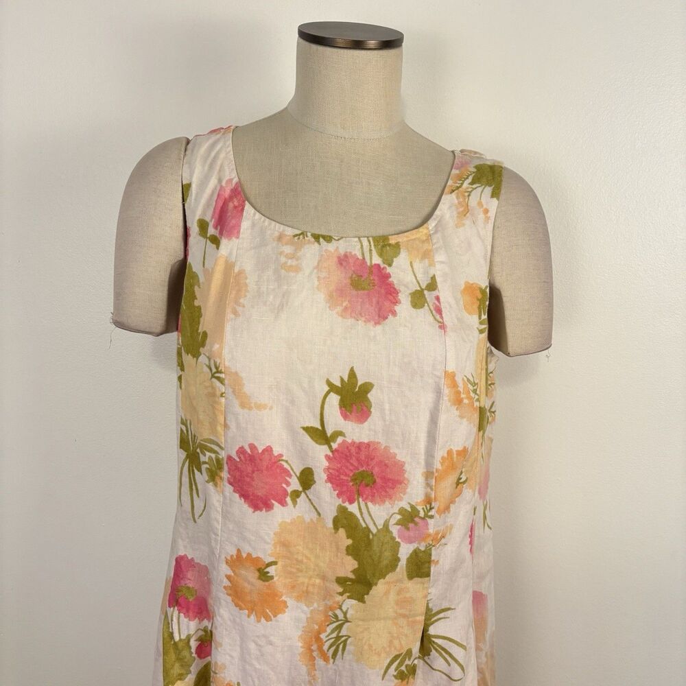 J.Jill Women's 100% Linen Floral Shift Dress Size 14 Pink Orange Watercolor Midi - Picture 3 of 8